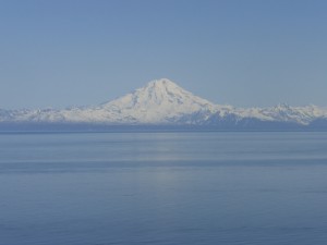 Calm seas on Cook Inlet with Mt. Redoubt in the backdrop.  Taken from Deep Creek View Campground, Ninilchik, Alaska