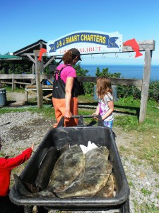 Kids helping mommy haul the Halibut to the fish rack!