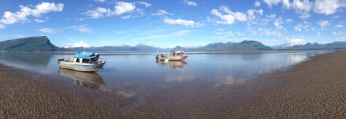 Panorama of two of our boats near shore