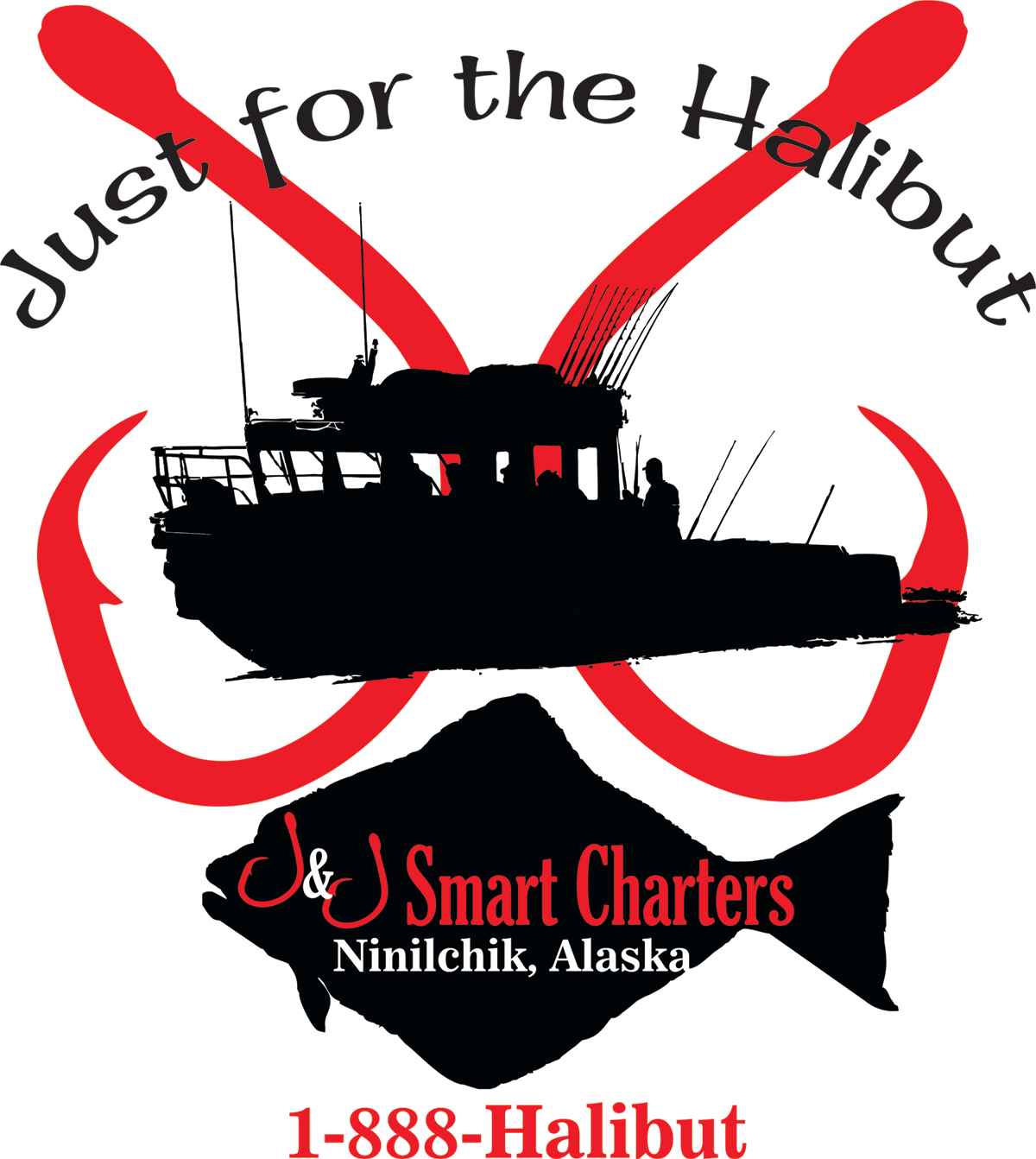 J&J Smart Charters large Just for the Halibut logo with boat, halibut, 2 fish hooks and phone number 1-888-Halibut